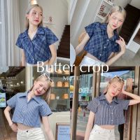 Mute - Butter crop เสื้อครอปน่ารัก เสื้อครอปลายผ้ายีนส์และผ้าริ้วเเต่งกระดุมหัวใจ