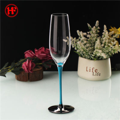 แก้วแชมเปญสีสันสดใสก้านสีน้ำเงิน250คริสตัลมล. ถ้วยไวน์หวานไวน์อัดลมถ้วยภาษาศาสตร์สีสุดสร้างสรรค์ทำด้วยมือ
