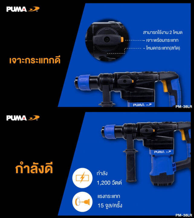 สว่านโรตารี่-2ระบบ-เน้นงานปูน-ขนาด-38mm-กำลัง-1200วัตต์-แรงกระแทก-14จูลล์-puma-รุ่น-pm-38lr-รับประกัน-1ปี