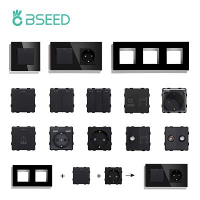 BSEED Wall Light Switches Module Parts Glass Frames Black USB Sockets Function DIY EU CAT5 TV Sockets ST TEL Power Outlet Parts