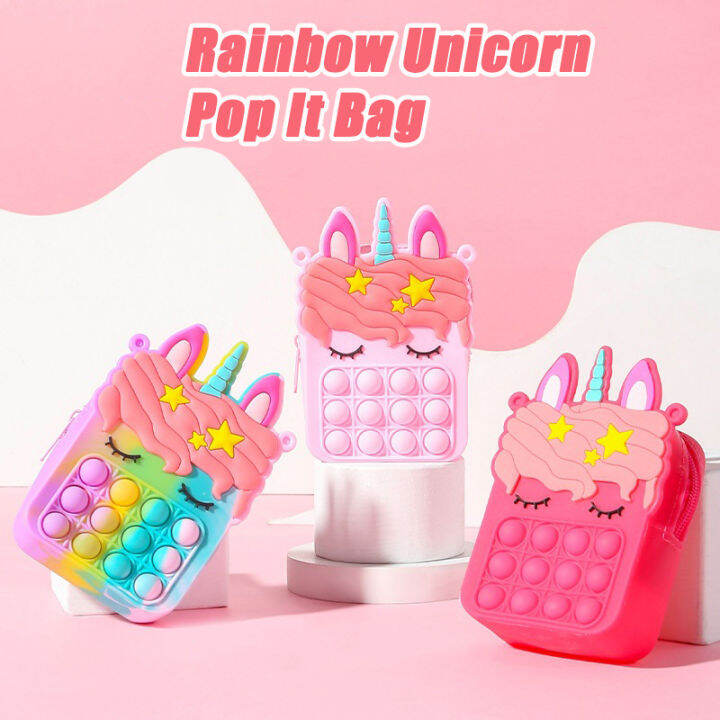 Rainbow Unicorn Pop It Bag Fidget Toys Coin Purse Silicone