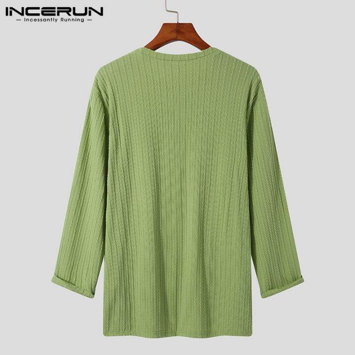 incerun-เสื้อยืดแฟชั่นผู้ชายคอกลมแขนยาวสีพื้น-3สี