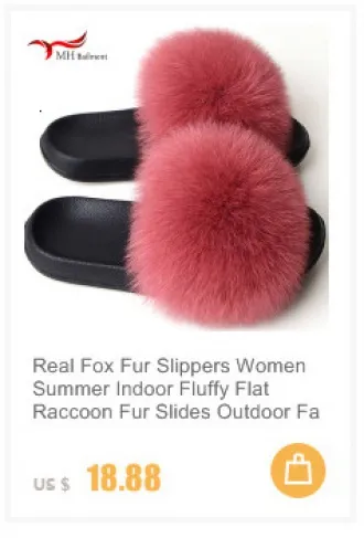 Women's Real Fox Fur Slides Summer Slippers Sandals Indoor Outdoor Furry  Shoes