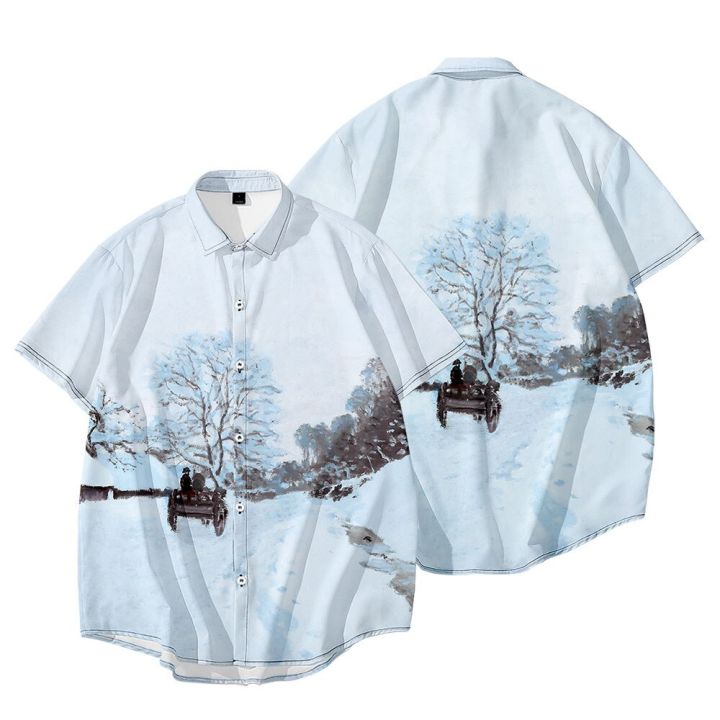 เสื้อฮาวายสไตล์ญี่ปุ่นสำหรับผู้ชาย-เสื้อผ้าแนวสตรีทเสื้อเสื้อเชิ้ตชายหาดสไตล์ฮาราจูกุ2023งานตามสั่งฤดูร้อนแขนสั้น