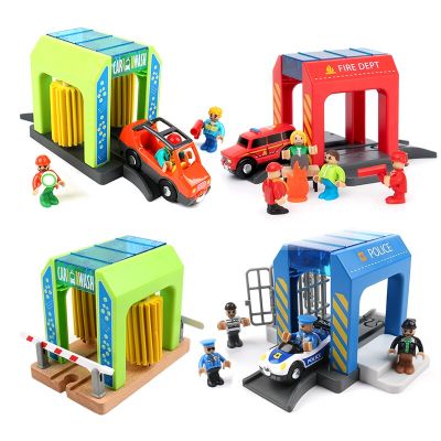 Rail car toy car wash rail car set train scene children fire station police station simulation toy compatible with wooden track