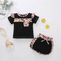 [COD] Foreign Trade Childrens Clothing Wholesale Infants and Leopard Print Stitching Short-sleeved T-shirt Shorts Two-piece Set