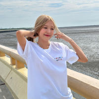 KUMI print T-shirt สุภาพสตรีตัวอักษรพิมพ์รอบคอแขนสั้น oversize T0154