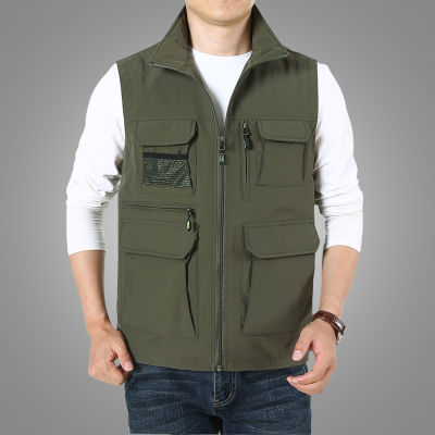 Men Summer Vest Jacket Multi Pockets Waistcoat Men Outwear Fishing Wear Outdoor Vest Coat Male Clothing VestsCollar Plus Size