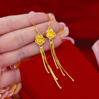 Korean Women 14K Gold Drop Earrings with Long Tassel Ear Clip Yellow Rose Flowers Earrings for Female Girlfriend Birthday Gifts