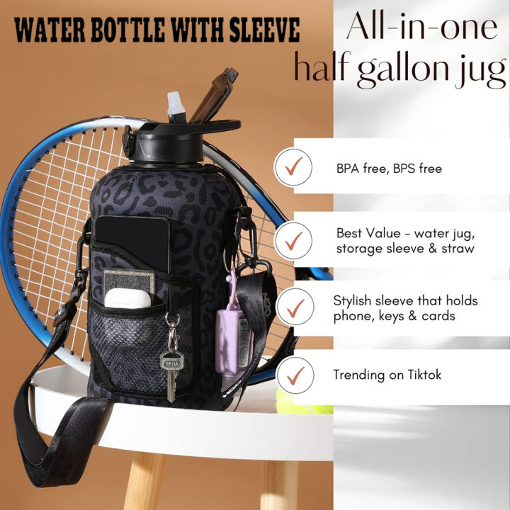 Half Gallon 2.2L Sports Water Bottle With Straw and Built In Wallet 74oz  Large Gym Drink Container, Storage Sleeve, Bottle Brush, Phone Pocket -  SHAZO