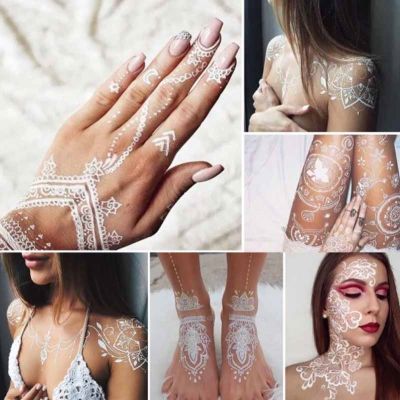 Henna White Lace Tattoo Stickers Bride Wedding Festival Face Neck Chest Arm Hand Foot Body Art Temporary 3D Tattoo Makeup Decals