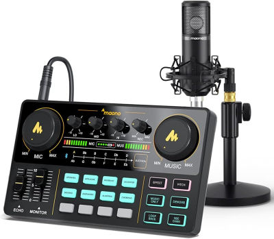 Audio Interface with DJ Mixer and Sound Card, MAONO Maonocaster Lite Portable ALL-IN-ONE Podcast Production Studio with 25mm Large Diaphragm Microphone for Live Streaming, PC, Recording(AU-AM200-S4)