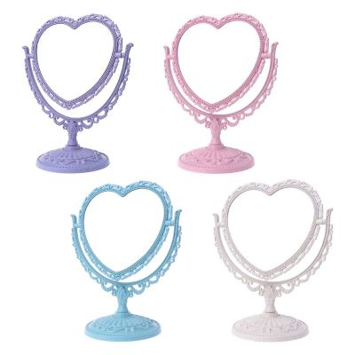 2Sides Heart-shaped Makeup Mirror Rotatable Stand Table Compact Mirror Dresser 831E