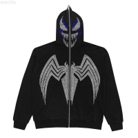 New Hooded Winter Jacket, Zippered Decoration, Skull Pattern, Spider Embellished Artificial Diamond, American Style, Y2k Mens And Womens Fashion. popular