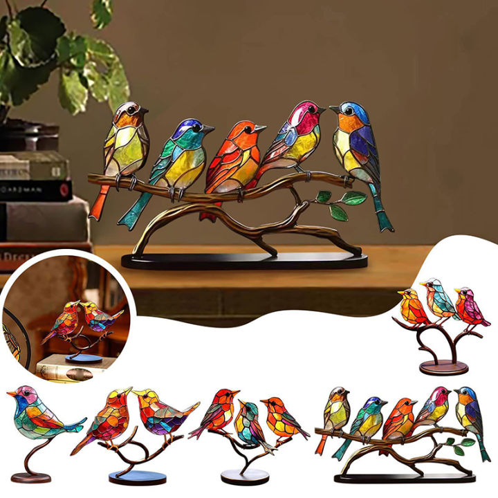 jiang-นกสีบนกิ่งไม้เครื่องประดับแบบตั้งโต๊ะชุดนกสีสันสดใสสองด้านงานฝีมือศิลปะเหล็กสำหรับตกแต่งบ้าน