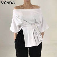 VONDA เสื้อเสื้อทูนิกจีบไหล่ข้างหนึ่งของผู้หญิงครึ่งแขนเสื้อยืดเสื้อเสื้อยืดคอกลมลำลอง (ลำลองเกาหลี) [ลดล้างสต๊อก]