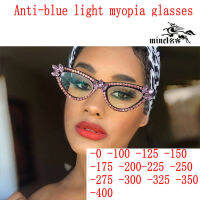 Anti Blue Light Ray Finished Myopia Glasses For Women Big Cat Eye Crystal Diamond Eyeglasses Prescription Shortsighted EyewearNX