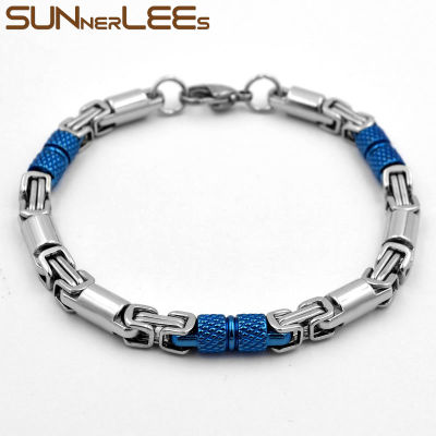 SUNNERLEES 316L Stainless Steel Bracelet 6mm Geometric Byzantine Link Chain Blue Silver Color Men Women Jewelry Gift SC42 B