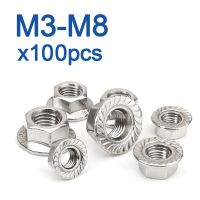 100PCS/LOT 304 Stainless Steel Hexagon Flange Nut Pinking Slip Locking Lock Nut M3 M4 M5 M6 M8 DIN6923 Nails Screws Fasteners