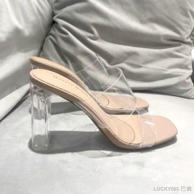 ✐✻☈ รองเท้าแตะใสผู้หญิง 2022 ฤดูร้อนใหม่ส้นหนาแฟชั่นส้นสูงคริสตัลใสทุกแบบ