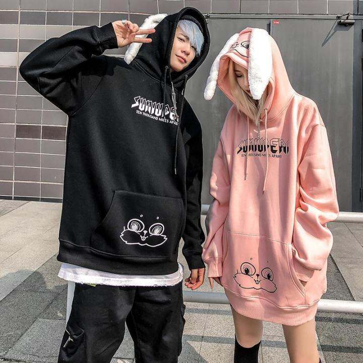 autumn-and-winter-cute-bunny-ears-hoodie-jacket-for-women-plus-velvet-thick-loose-korean-style-couples-wear-hooded-sweater-coat-sweater-loosed-long-sleeved-hooded-sweatshirt