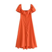 Tangada 2021 summer fashion women solid orange dress pleated puff short sleeve ladies casual midi dress vestidos 3H671-1