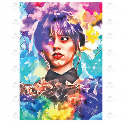 ภาพวาด ไอดอล ID W011 Wednesday Addams หรือ Jenna ortega ภาพวาดสีน้ำ จากiPad โปรแกรม PROCREATE งานปริ้นท์เลเซอร์