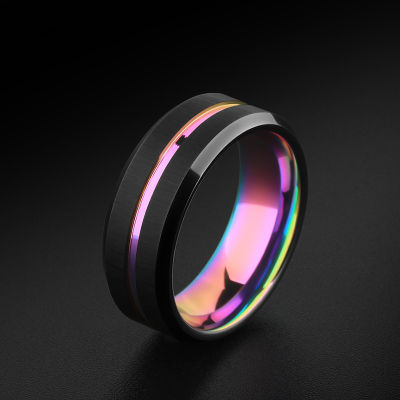 Tungsten Rings, 8mm Rainbow Black Brushed Tungsten Wedding Band Triton Gorgeous Center Grooved, Free Shipping