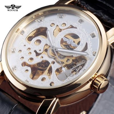 New WINNER Watch Luxury Gold Leather Fashion Casual Skeleton Automatic Mechanical Wristwatch Men Dress Business Watches