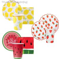 ■ Fruits Disposable Tableware Pineapple Watermelon Strawberry Lemon Cups Plates Cake Toppers for Summer Fruit Party Supplies