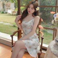 ◊☌✲ Sicilian style swing collar suspender V-neck nightdress black rose flower satin summer sexy pajama dress thin style