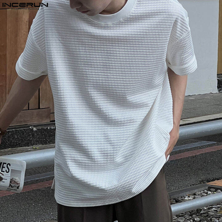 incerun-เสื้อลายตารางผู้ชายแขนสั้นเสื้อยืดเทกเชอร์ลำลองอเนกประสงค์แบบเรียบง่าย-สไตล์เกาหลี