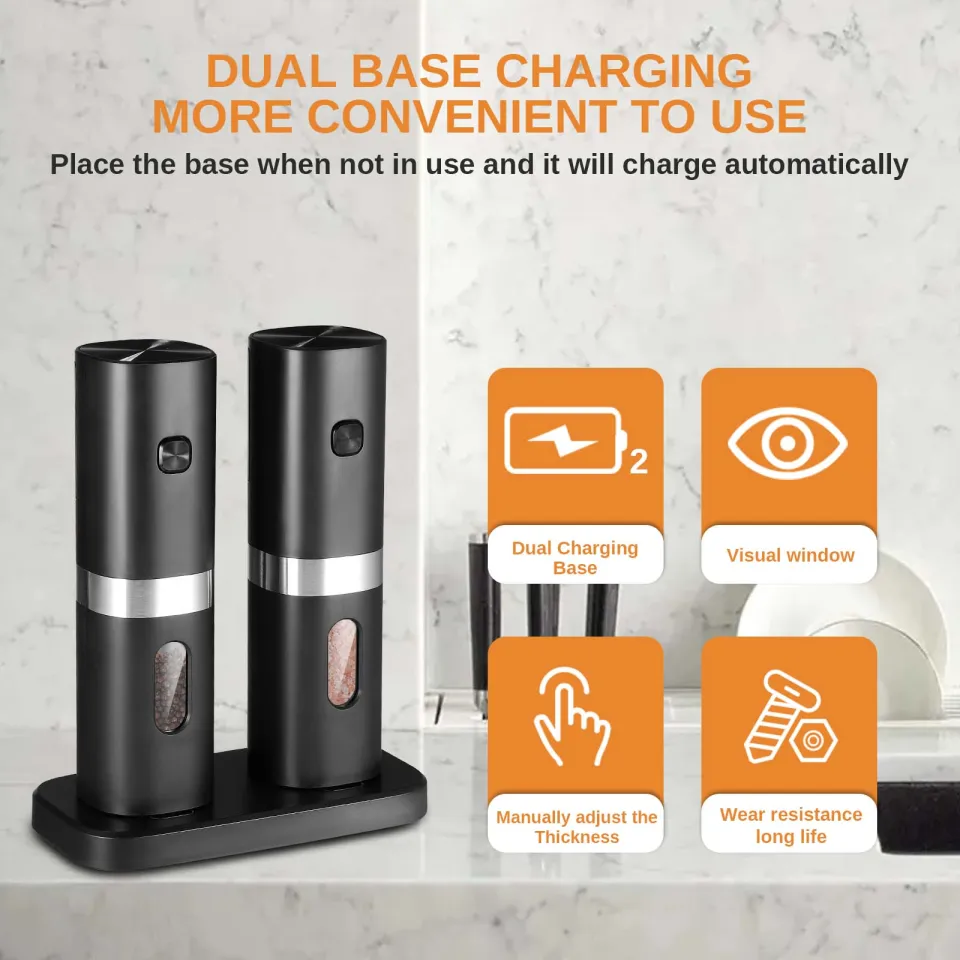 Electric Salt and Pepper Grinder Set - USB Rechargeable With Dual Charging  Base - Automatic One Hand Operation - Adjustable Coarseness & LED Light  Refillable 