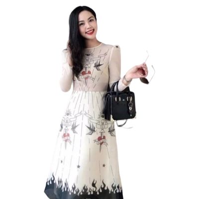 P010-078 PIMNADACLOSET - Organza Print Long Sleeve Crew Neck Dress