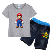 Super Mario Bros การ์ตูน/อะนิเมะผ้ายีนส์เด็กลำลอง2023แขนสั้นพิมพ์ลายเสื้อยืดผ้าฝ้ายชุดสั้น0000