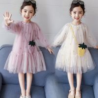 EACHIN Girls Dresses Fashion Pineapple Embroidery Print Mesh Patchwork Dress Kids Princess Dresses Children Clothing Party Dress