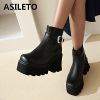 ASILETO Ladies Ankle Boots New 2021 Square Toe 8.5cm Block Heels Platform Chelsea Buckle Wild Stylish Big Size 35-44 C2285