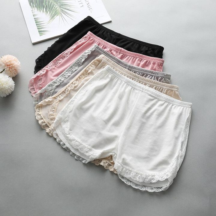 women-spring-summer-same-color-side-lace-safety-shorts-pants-sweet-loose-elastic-home-sleep-shorts-nightwear-bottom-thin-pajamas