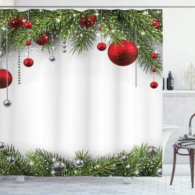 Christmas Shower Curtain Holiday Season Backdrop with Pine Leaves Ball Classic Curtains Print Fabric Bathroom Decor with Hooks