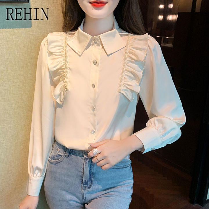 rehin-เสื้อผู้หญิงแฟชั่นใหม่ฤดูใบไม้ผลิที่สง่างามหูกระต่ายหวานกับเสื้อมุกระฆังแขนยาวผ้าชีฟอง