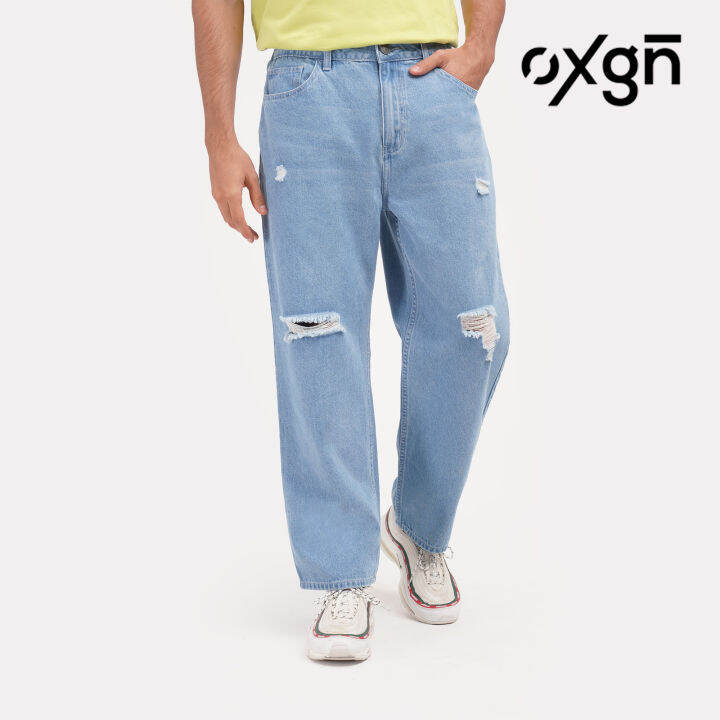 OXGN Straight Fit Ripped Jeans for Men (Light Blue) Lazada PH