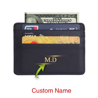 （Layor wallet） แกะสลักชื่อผู้ชายผู้หญิงทนทาน Slim Card Holder Travel PU Leather Bank Business ID Card Wallet Holder Mini Money Clip Case