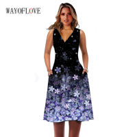 WAYOFLOVE Vintage Woman Summer Midi Dress Elegant Party Casual Beach Holiday Slim Sleeveless Vestidos Print V Neck Black Dresses