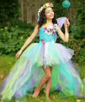 Girls Teal Fairy Flower als Tutu Dress Kids Crochet Trailing Dress Ball Gown with Wing Children Birthday Party Costume Drees