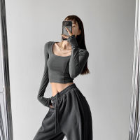 Knitted Cotton Women T-Shirts Vintage Square Collar Long Sleeve Tees Streetwear Crop Tops W9400