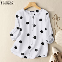 (จัดส่งฟรี)Fancystyle ZANZEA เสื้อเชิ้ตลำลองผู้หญิงสไตล์เกาหลี3/4แขนระบายเสื้อคอกลมลายจุดเสื้อลำลองหลวม #2