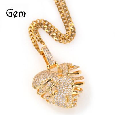 [COD] European and hot hip copper inlaid zircon personality hollow skeleton love pendant trendy brand necklace hiphop