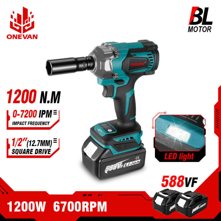 ONEVAN 1200N.M Brushless Electric Impact Wrench With 0/1/2 Battery 1/2