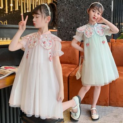 〖jeansame dress〗ฤดูร้อนสาวชุด Cheongsam ดอกไม้เย็บปักถักร้อยคอเจ้าหญิงเด็กพรรคชุดวันเกิดวัยรุ่นเด็ก39; S เครื่องแต่งกาย5 15ปี