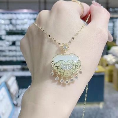 S925 Pingan lock necklace, clavicle chain, female silver, national style, white jade pith hip hop, palace long life lock Pendant 3RX6